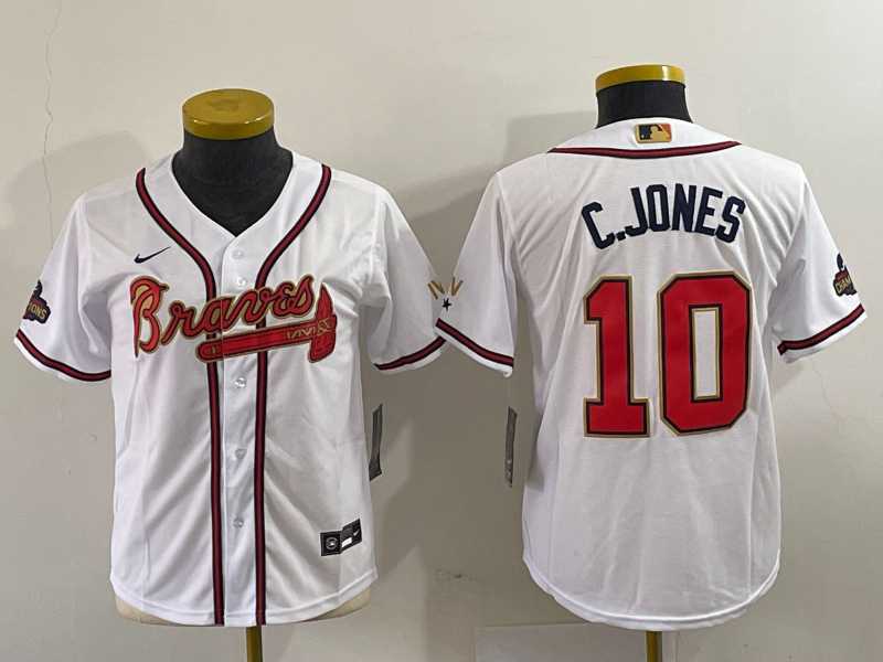 Youth Atlanta Braves #10 Chipper Jones 2022 White Gold World Series Champions Cool Base Stitched Jersey->mlb youth jerseys->MLB Jersey